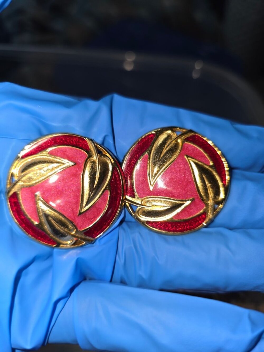 Vintage Berebi Gold-Tone Red Enamel Round Leaf Design Post Earrings